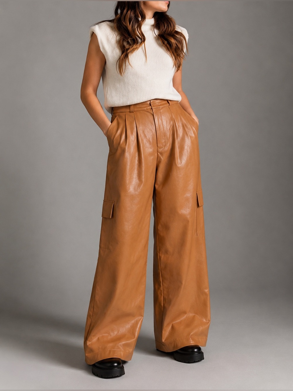 Anthropologie Vegan Leather Cargo Wide Leg Pants Statement Piece